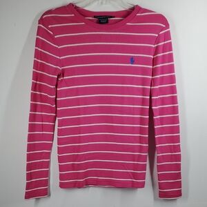 RALPH LAUREN SPORT Fushia White Striped Long Sleeve Cotton Shirt M